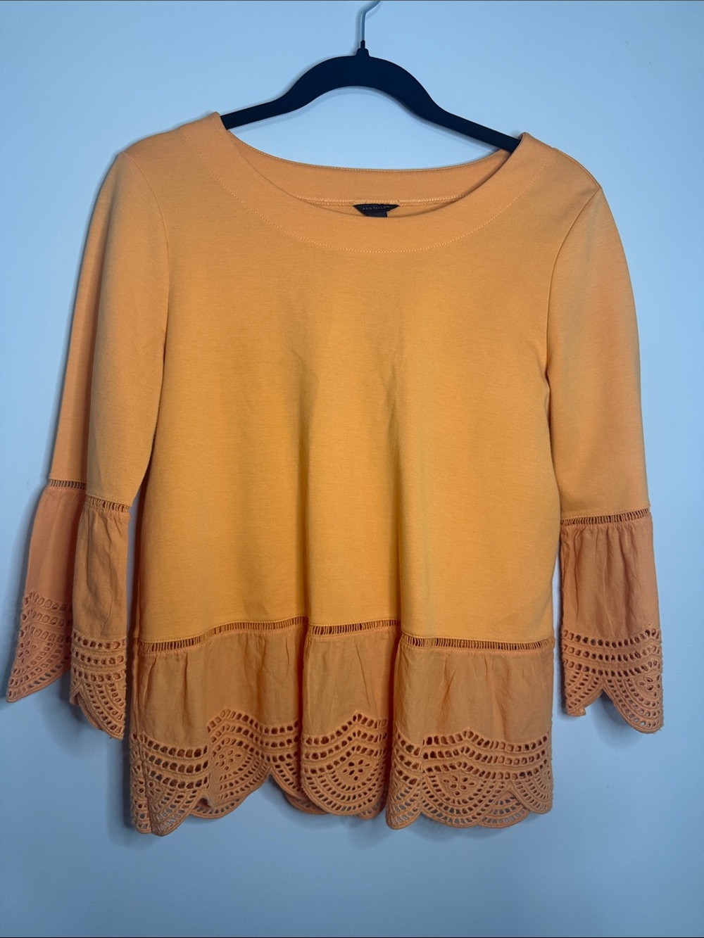 Women's Orange Eyelet-Hem 3/4 Sleeve Top
